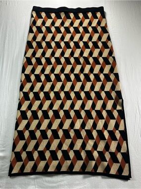 House of Harlow Geometric Knit Midi Skirt in Black Cream & Brown. 70s maximalist